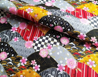 Tissu japonais, doré, noir, sakura, vague, fleurs cerisier, motif traditionnel, 1/2 yard