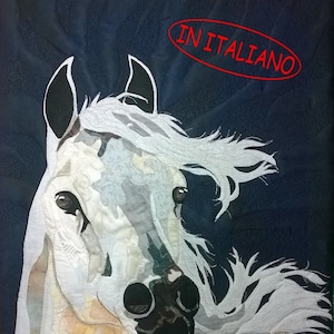 Può includere: Un cavallo bianco con criniera e coda nere, su uno sfondo blu con il testo "IN ITALIANO" in un ovale rosso.