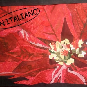 Può includere: Un primo piano di un fiore di stella di Natale rosso con un centro giallo. Il fiore è incorniciato da un bordo nero e il testo "IN ITALIANO" è scritto in un ovale bianco.