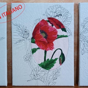 May include: Three canvases with outlined drawings of flowers. The first canvas features a bird of paradise flower in a square frame. The second canvas features a red poppy flower in a circle frame. The third canvas features a fuchsia flower in a triangle frame.