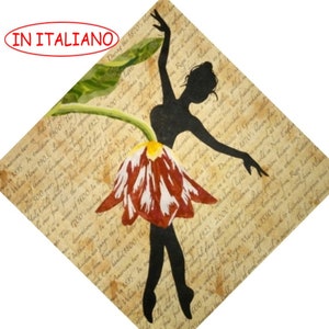 Può includere: Una silhouette nera di una ballerina che danza su un tulipano rosso e bianco. Lo sfondo è un pezzo di carta dall'aspetto vintage con del testo.