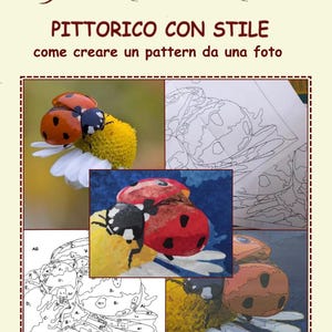Può includere: Copertina di un libro con il titolo "STILE MALENA" e il sottotitolo "PITTORICO CON STILE come creare un pattern da una foto." La copertina presenta immagini di coccinelle su un fiore e un'illustrazione in stile pittura numerica. L'autrice è Laura Franci.