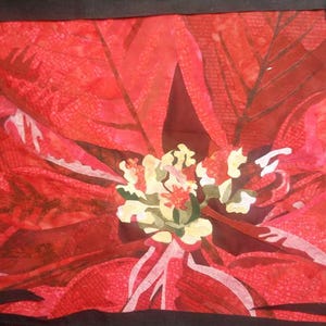 Può includere: Primo piano di un vibrante fiore di poinsettia rosso con petali dettagliati e un centro giallo e bianco. L'opera d'arte è incorniciata con un bordo nero, che mostra le trame e i colori del design floreale.