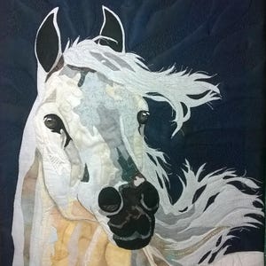 Può includere: Opera d'arte tessile raffigurante la testa di un cavallo bianco con una criniera fluente su uno sfondo blu scuro. Il cavallo ha occhi neri e un muso nero. La criniera e lo sfondo hanno una texture trapuntata.