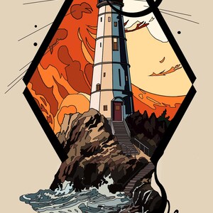 Può includere: Illustrazione di un faro su una scogliera rocciosa, incorniciata in un diamante nero. Il faro è bianco e blu, con una porta rossa. Lo sfondo presenta un cielo arancione e onde oceaniche. Una stella e un cerchio neri sono sopra il faro.
