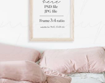 Download Free Wood Frame Mock Up, Styled Stock Photo, Portrait Frame Mockup, Bedroom Mockup, Digital Frame Mock Up, Empty Frame JPG, PSD, PNG PSD Template