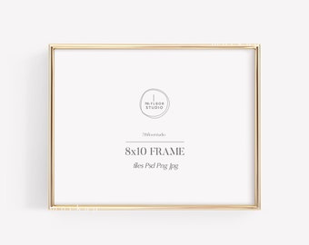 Könnte beinhalten: Goldener 8x10-Bilderrahmen-Mockup mit einem dünnen Rahmen. Der Rahmen befindet sich auf einem weißen Hintergrund. Der Text "8x10 FRAME" ist im Bild sichtbar.