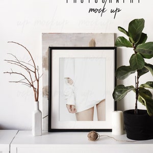 May include: A black framed photo mockup with a white background and a white shirt with a ripped sleeve. The photo is on a white shelf with a white vase with brown branches, a ball of twine, and a white candle. A potted plant with green leaves is on the right side of the shelf.