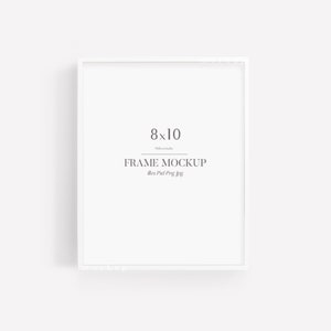 May include: A white 8x10 inch frame mockup. The frame has a clean, minimalist design with a white border. The text "8x10" is centered at the top, with "FRAME MOCKUP" below it. The image is on a white background.