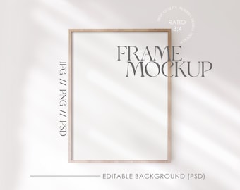 May include: A light wood frame mockup with a white background. The frame is on a white wall with light shining through a window. The text "FRAME MOCKUP" is above the frame. The text "JPG // PNG // PSD" is to the left of the frame. The text "EDITABLE BACKGROUND (PSD)" is below the frame.