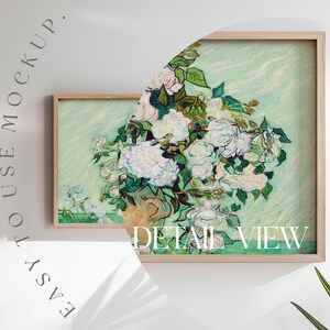 May include: A framed painting of white flowers in a vase, with a green background and a light blue sky. The painting is in a wooden frame and is hanging on a white wall. The text "DETAIL VIEW" is visible at the bottom of the image.