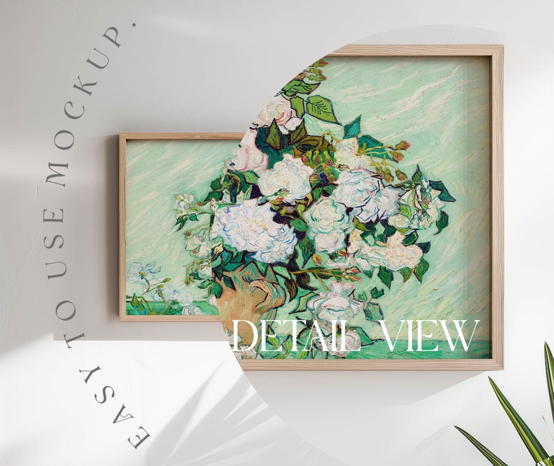 May include: A framed painting of white flowers in a vase, with a green background and a light blue sky. The painting is in a wooden frame and is hanging on a white wall. The text "DETAIL VIEW" is visible at the bottom of the image.