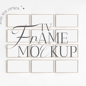 May include: A mockup of a TV frame with a white background and nine frames arranged in a 3x3 grid. The frames are all the same size and have a thin, gold-coloured frame. The text "TV FRAME MOCKUP" is written in cursive script in the centre of the image.