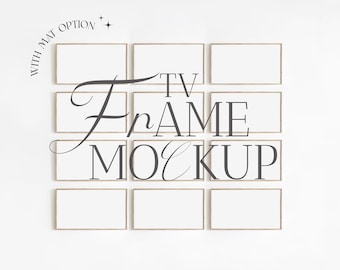 Frame TV Art Mockup, 12 Frames Gallery Wall Frame Mockup Thin Wooden Minimalist 16:9 Ratio