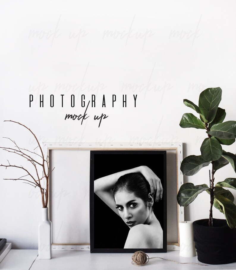 May include: Black and white photo of a woman in a black frame, with a white canvas frame behind it. The frames are on a white surface with a vase of dried branches, a ball of twine, and a potted plant.