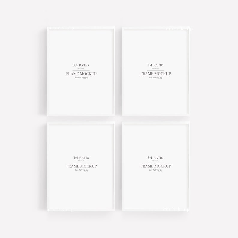 May include: Four white picture frames with a 3:4 ratio, each with the text "3:4 RATIO FRAME MOCKUP" printed inside.