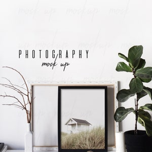 May include: A black framed photo of a white beach house with tall grass in front of it. The photo is sitting on a white table with a white vase with a brown branch in it, a ball of twine, and a white candle. There is a large green plant in a black pot to the right of the photo.