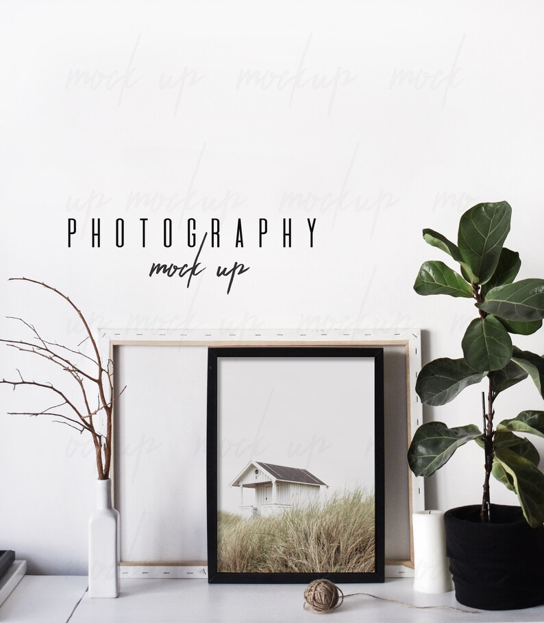 May include: A black framed photo of a white beach house with tall grass in front of it. The photo is sitting on a white table with a white vase with a brown branch in it, a ball of twine, and a white candle. There is a large green plant in a black pot to the right of the photo.