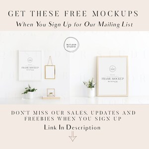 K&ouml;nnte beinhalten: Bild mit gerahmten Mockups mit dem Text "GET THESE FREE MOCKUPS When You Sign Up for Our Mailing List." Das Bild enth&auml;lt einen wei&szlig;en Rahmen, einen goldenen Rahmen und einen hellen Holzrahmen. Der Text "Link In Description" ist ebenfalls sichtbar.