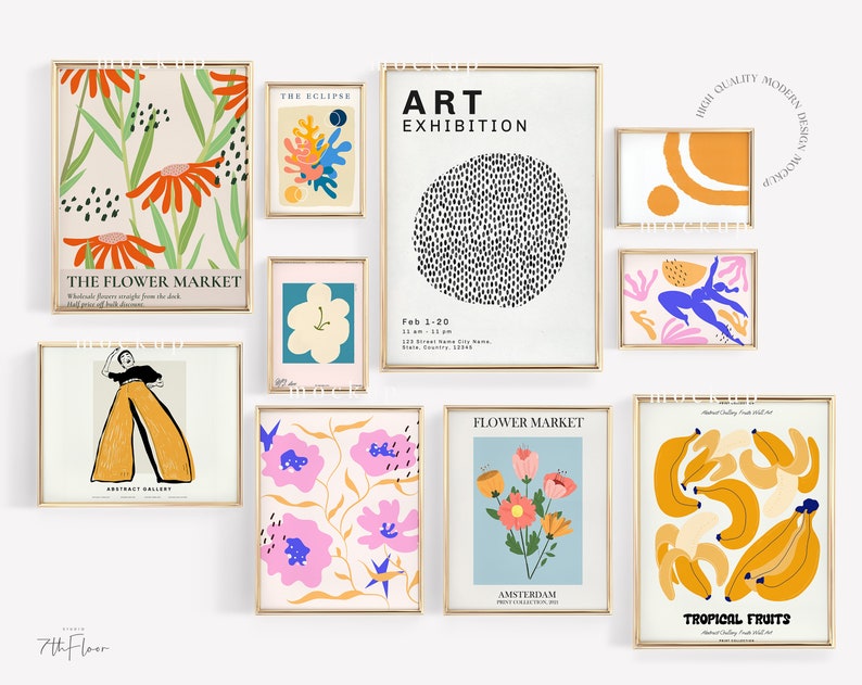 May include: A set of ten framed art prints with a variety of abstract designs, including floral patterns, geometric shapes, and illustrations. The prints are all in a minimalist style with a focus on bold colors and simple lines. The prints are perfect for adding a touch of modern art to any room.