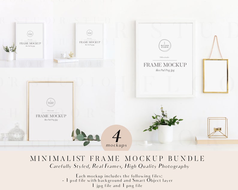 May include: A set of four minimalist white and gold picture frames with a white background. The frames are arranged on a shelf with plants and decorative objects. The text "FRAME MOCKUP" is visible in each frame.