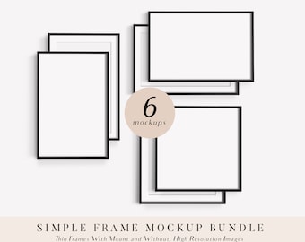 May include: A set of six black picture frames with white mats, arranged in a stack. The frames are simple and modern, with a thin black border. The text "6 mockups" is written in a circle on the image.