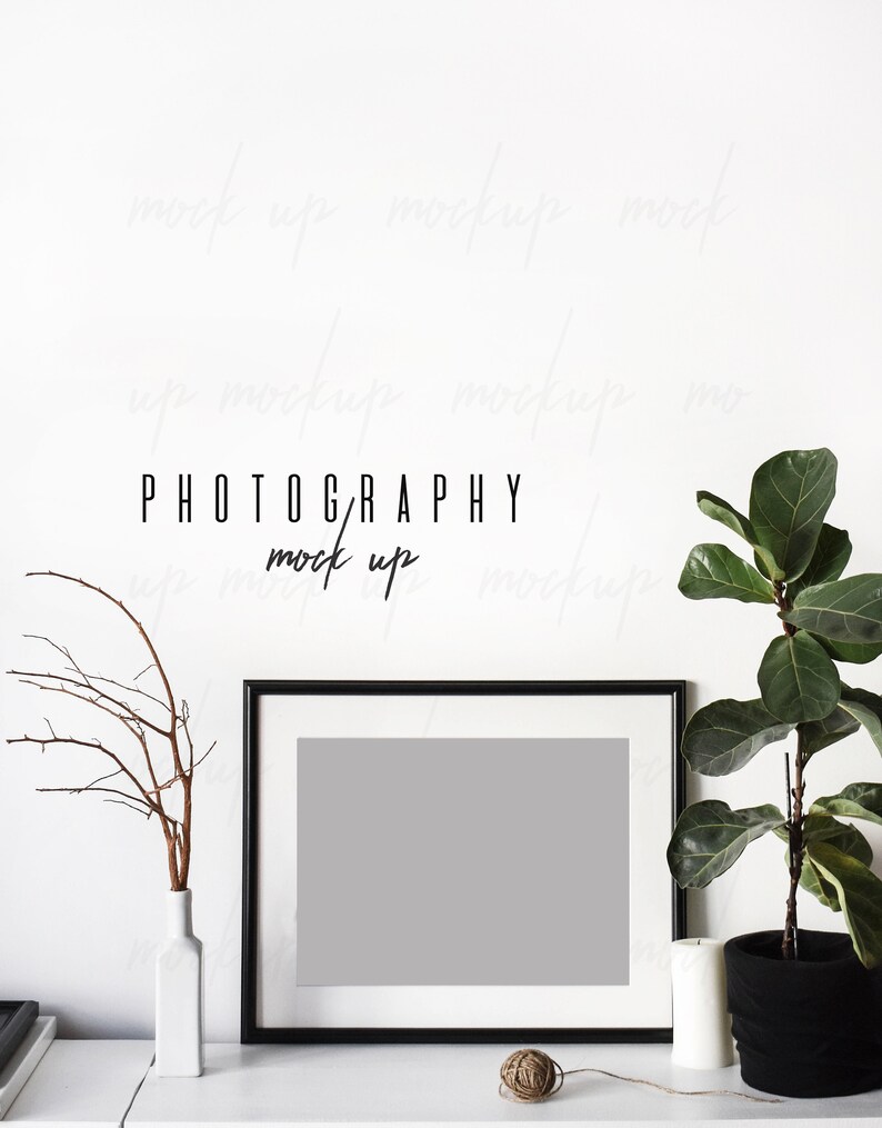 May include: A black picture frame with a white mat and a gray background sits on a white shelf with a white vase, a brown twig, a ball of twine, and a white candle next to a potted plant with green leaves. The text "PHOTOGRAPHY mock up" is written in black on the white wall behind the frame.