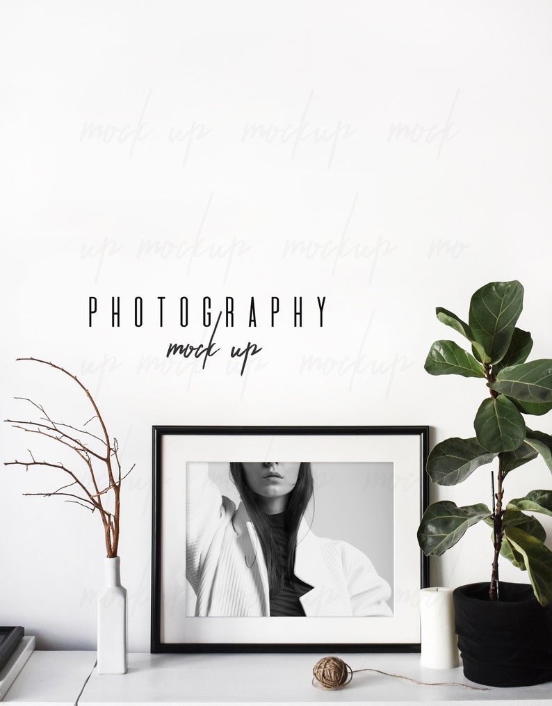 May include: Black and white photo of a person wearing a white jacket and black turtleneck in a black frame on a white shelf with a white vase and a branch with brown twigs, a white candle and a potted plant with green leaves in a black pot.