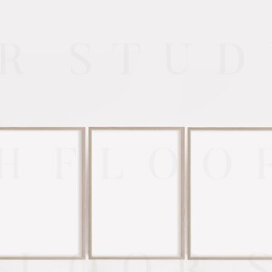 May include: Three light wood picture frames with white mats and white backgrounds. The frames are arranged horizontally in a row.
