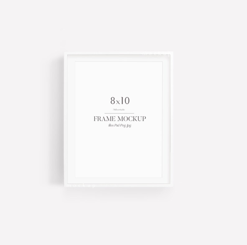May include: A white 8x10 inch frame mockup. The frame is rectangular with a clean, modern design. The text "8x10" is centered at the top, with "FRAME MOCKUP" below it. The image is set against a plain white background.