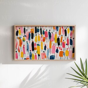 May include: Abstract painting of a crowd of people in various colors, including pink, yellow, blue, and black. The people are depicted in a simple, stylized way, and the painting has a bright and cheerful feel.