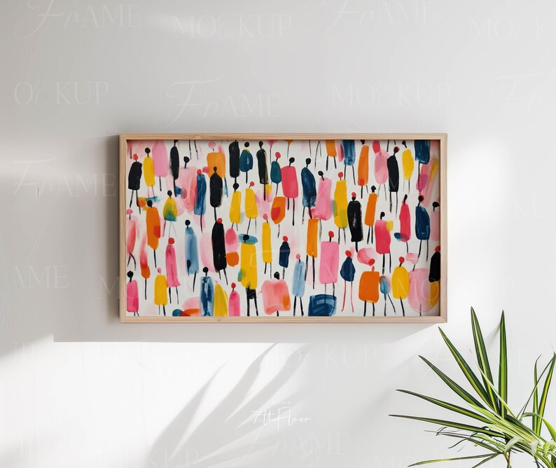 May include: Abstract painting of a crowd of people in various colors, including pink, yellow, blue, and black. The people are depicted in a simple, stylized way, and the painting has a bright and cheerful feel.