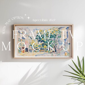May include: A framed watercolor painting of a European street scene with buildings, trees, and people. The frame is light wood and the painting is in a 16x9 aspect ratio. The text "FRAME TV MOCKUP" is written in white on a white background.
