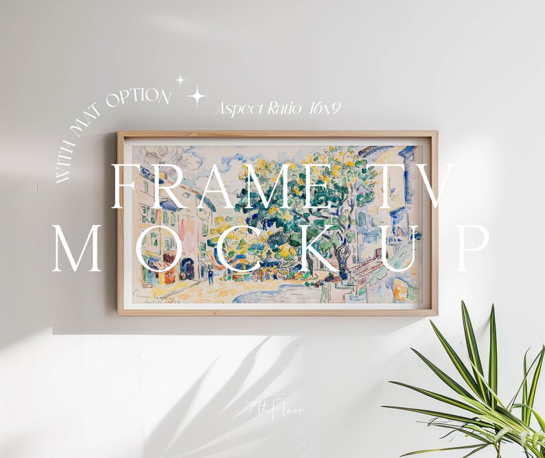 May include: A framed watercolor painting of a European street scene with buildings, trees, and people. The frame is light wood and the painting is in a 16x9 aspect ratio. The text "FRAME TV MOCKUP" is written in white on a white background.