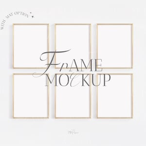 Könnte beinhalten: Sechs goldgerahmte rechteckige Mockups auf weißem Hintergrund. Die Rahmen sind leer, mit einem minimalistischen Design. Der Text "Frame Mockup" ist in einer dekorativen Schriftart in der Mitte des Bildes dargestellt.