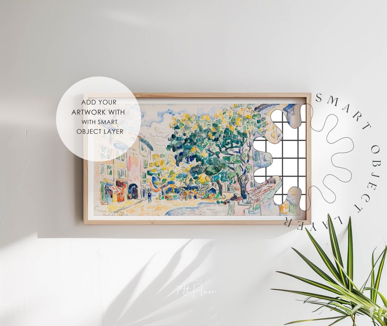 May include: A framed painting of a colorful landscape with a large tree in the center. The painting is in a wooden frame and is hanging on a white wall. The text "ADD YOUR ARTWORK WITH SMART OBJECT LAYER" is visible in a circle on the left side of the image.