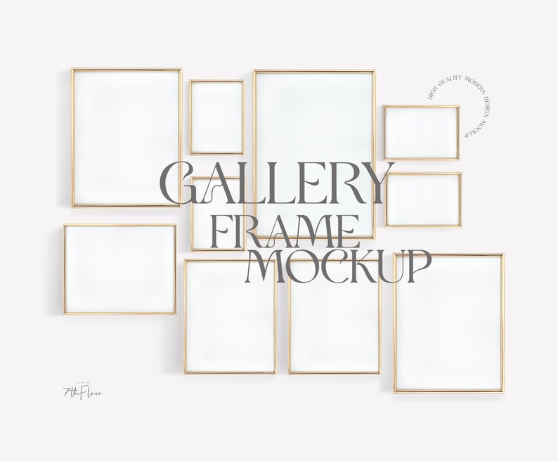 May include: A gallery wall mockup featuring nine gold picture frames of various sizes, arranged in a staggered pattern on a white wall. The frames are empty and ready for your photos or artwork.