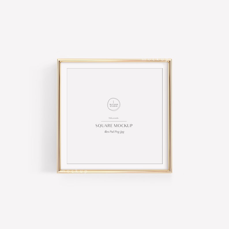 May include: A gold square frame mockup with the text "SQUARE MOCKUP" and the words "Mockup Studio" in a circle. The frame is on a white background.