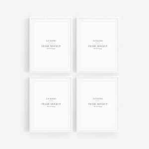 May include: Four white picture frames with a 3:4 ratio, arranged in a 2x2 grid. Each frame has the text "3:4 RATIO FRAME MOCKUP" printed inside.