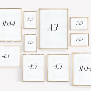 May include: A set of nine gold picture frames of various sizes, including 4x5, 5x7, 7x5, 11x14, and A3. The frames are arranged in a grid pattern on a white background.