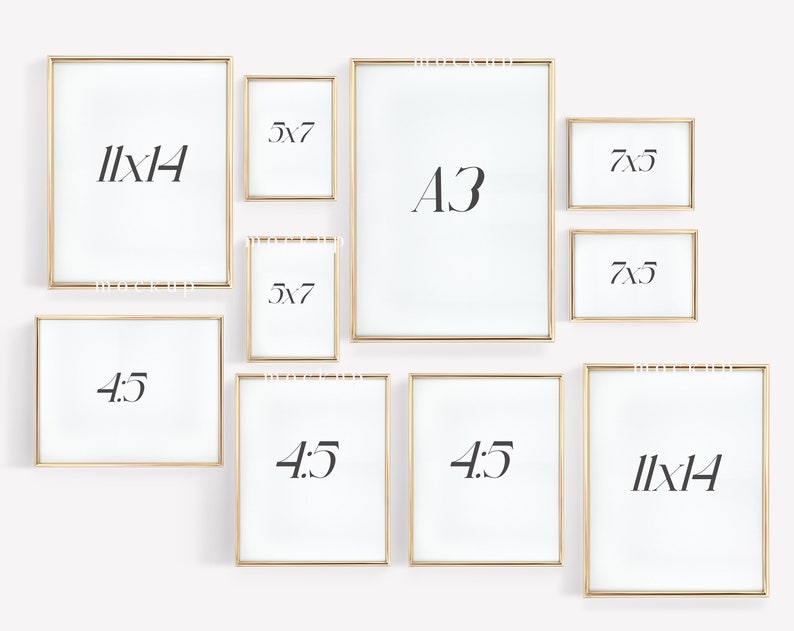 May include: A set of nine gold picture frames of various sizes, including 4x5, 5x7, 7x5, 11x14, and A3. The frames are arranged in a grid pattern on a white background.