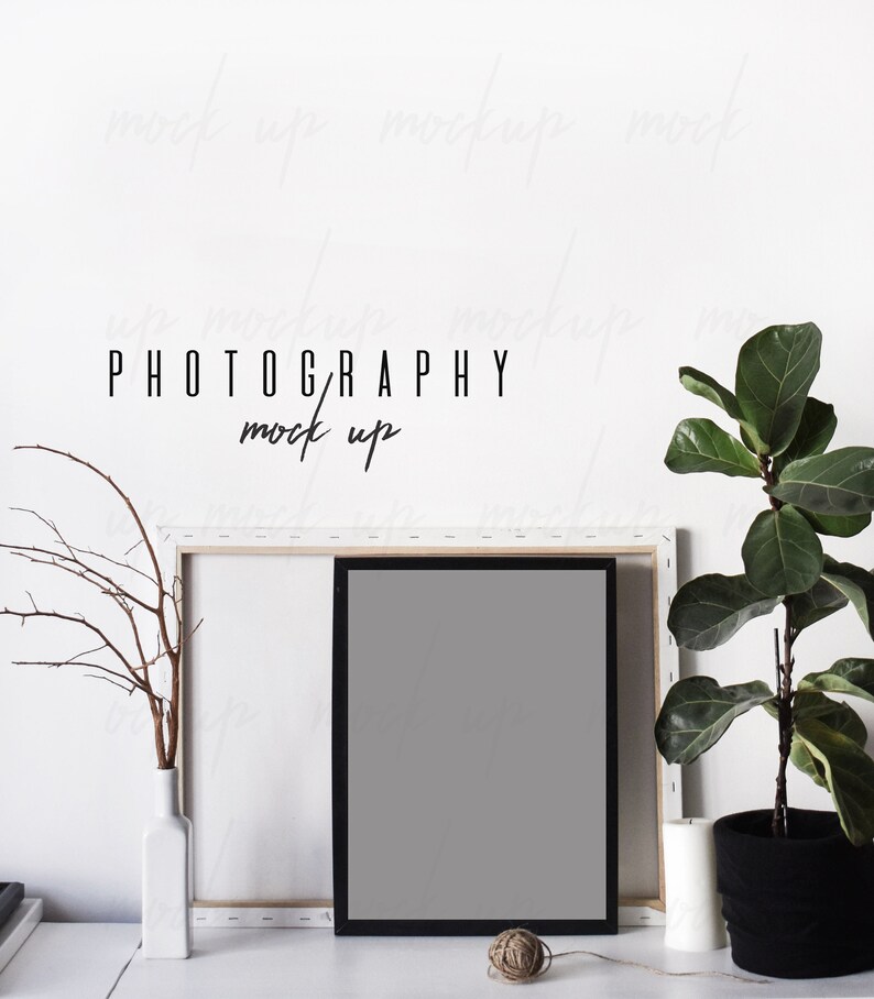 May include: A black picture frame with a white mat is leaning against a white canvas frame. A small potted plant with green leaves is on the right side of the image. The text "PHOTOGRAPHY mock up" is written in black on a white wall.
