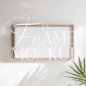 May include: A light wood frame mockup with a white mat option. The frame is hanging on a white wall with a plant in the corner.