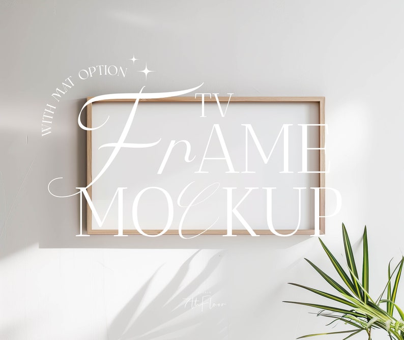 May include: A light wood frame mockup with a white mat option. The frame is hanging on a white wall with a plant in the corner.