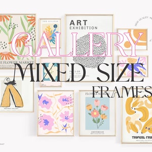 May include: A gallery wall of eight framed prints with various abstract designs. The prints feature a variety of colors, including yellow, pink, blue, and green. The frames are all gold and have a mixed size.
