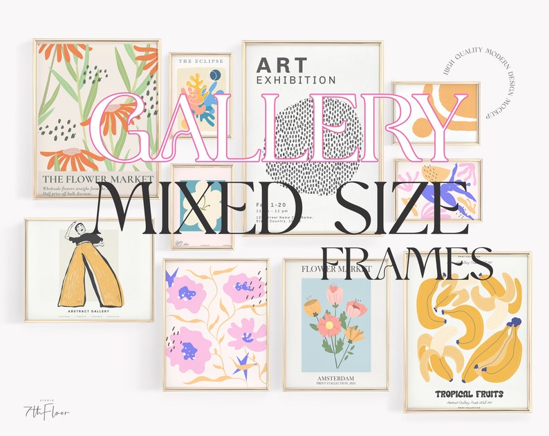 May include: A gallery wall of eight framed prints with various abstract designs. The prints feature a variety of colors, including yellow, pink, blue, and green. The frames are all gold and have a mixed size.