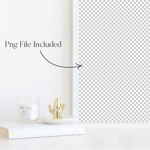 May include: A white candle jar with a black label that reads "Wild Jasmine" sits on a white book with a gold cactus figurine on a white ring holder. The image includes the text "Png File Included".