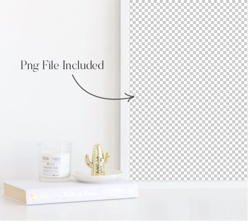 May include: A white candle jar with a black label that reads "Wild Jasmine" sits on a white book with a gold cactus figurine on a white ring holder. The image includes the text "Png File Included".