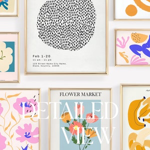 May include: A collection of framed art prints with abstract designs. The prints feature a variety of colors and patterns, including black and white polka dots, pink and blue flowers, and yellow bananas. The prints are all in gold frames and are arranged in a grid pattern. The text "FLOWER MARKET" and "DETAILED VIEW" is superimposed on the image.