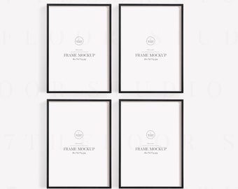 May include: Four black framed rectangular mockups with white interiors are displayed against a white background. Each frame has the text "FRAME MOCKUP" and a logo. The frames are arranged in a two-by-two grid, offering a clean and modern aesthetic.